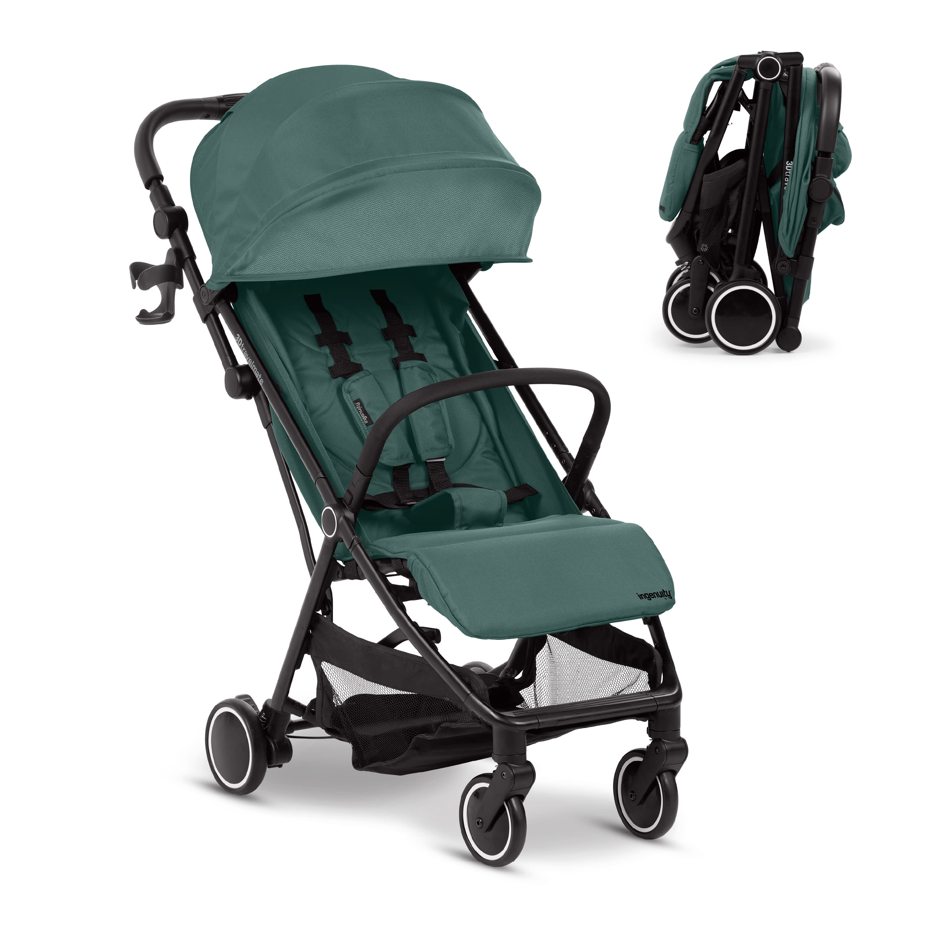 2 seat travel stroller Ingenuity 3D Travelmate Pro Compact Travel Stroller with Ride-On Board, One-Hand Fold, Car Seat Compatible, Protective Canopy – Kids2, LLC