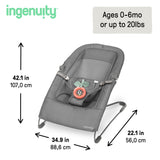 Ingenuity Stow & Go Folding Baby Bouncer Compact Portable Infant Seat with Vibration & Toy - Grey