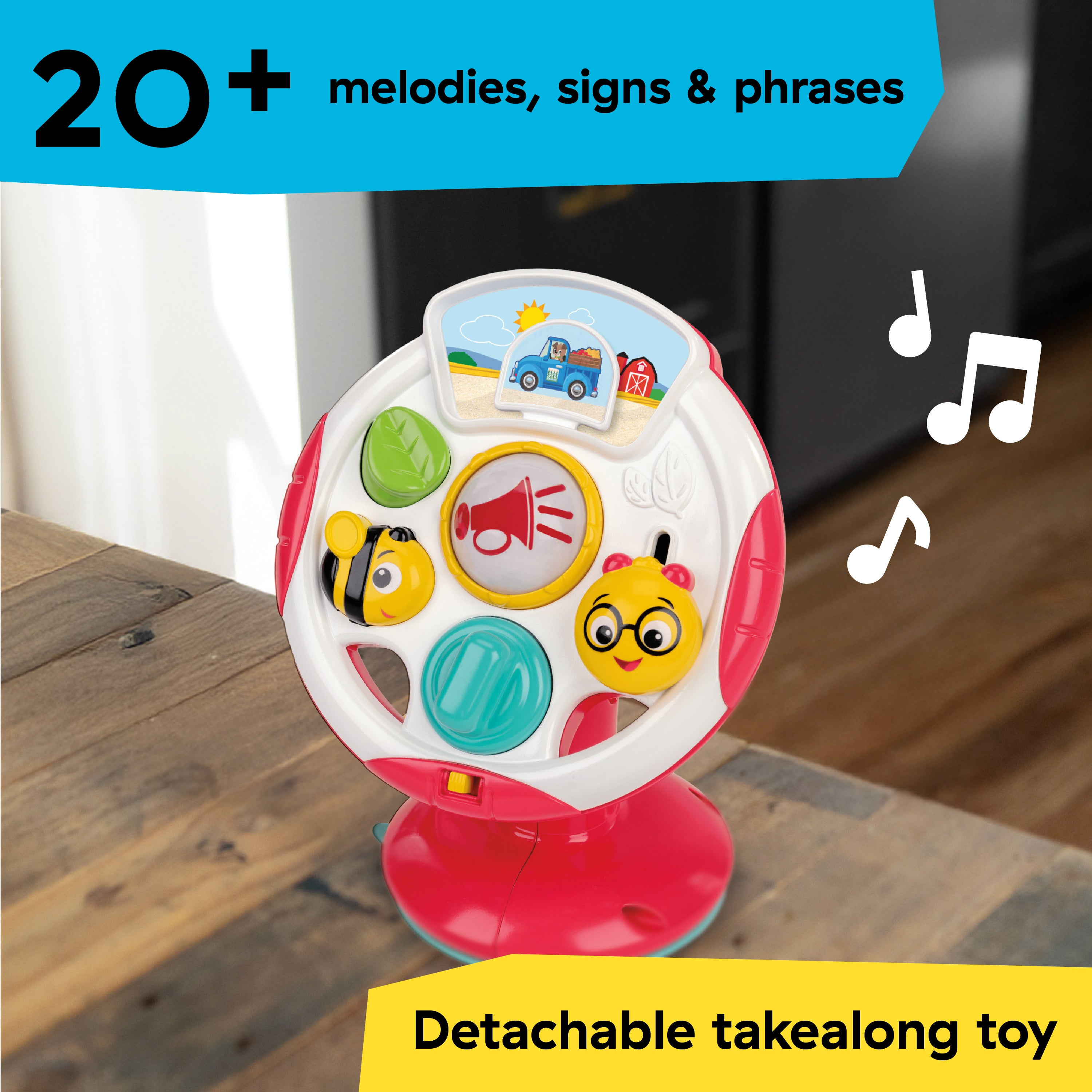 Detachable take-along toy resembling pumpkin and bee with colorful buttons