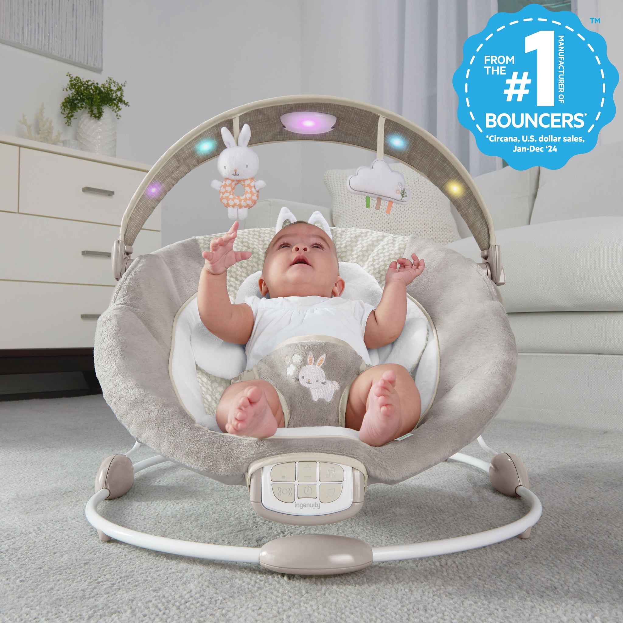 Ingenuity InLighten Baby Bouncer Seat with Light Up Toy Bar