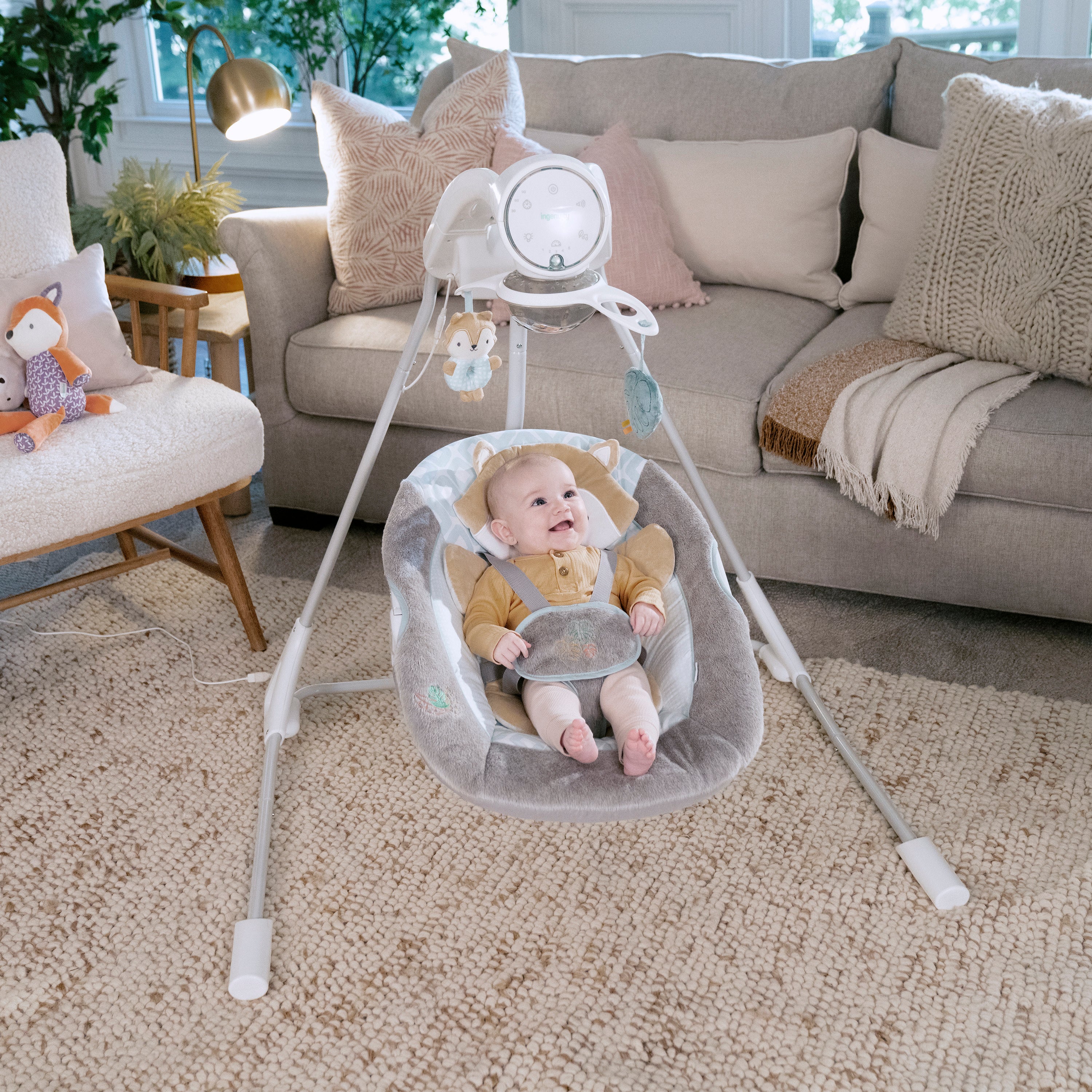 Ingenuity InLighten 5-Speed Baby Swing - Swivel Infant Seat, 5 Point Safety  Harness, Nature Sounds, Lights - Nally Owl