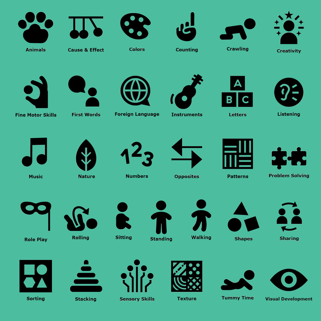Baby Einstein icons describing the developmental benefits available on products.