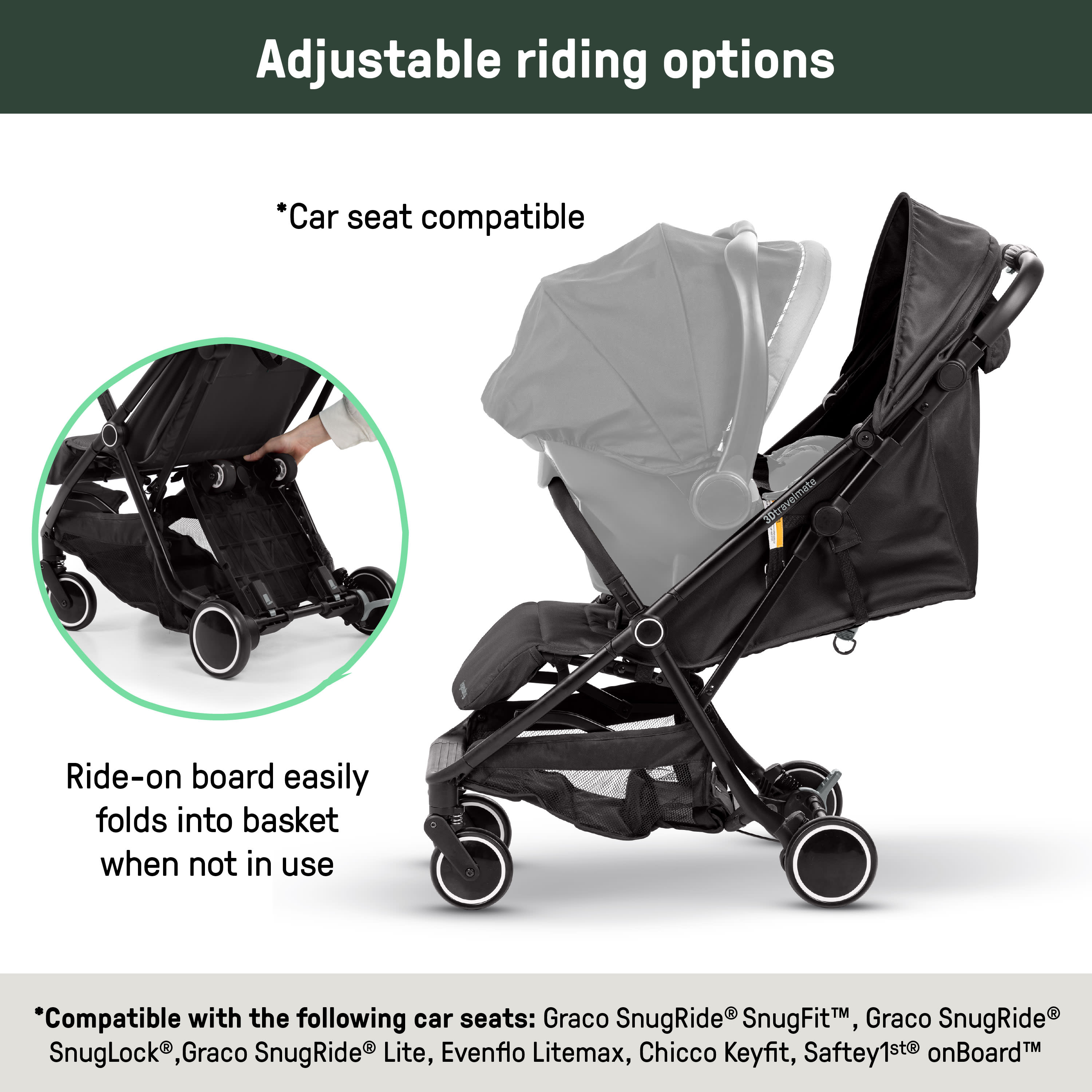 travel baby stroller Ingenuity 3D Travelmate Pro Compact Travel Stroller with Ride-On Board, One-Hand Fold, Car Seat Compatible, Protective Canopy
