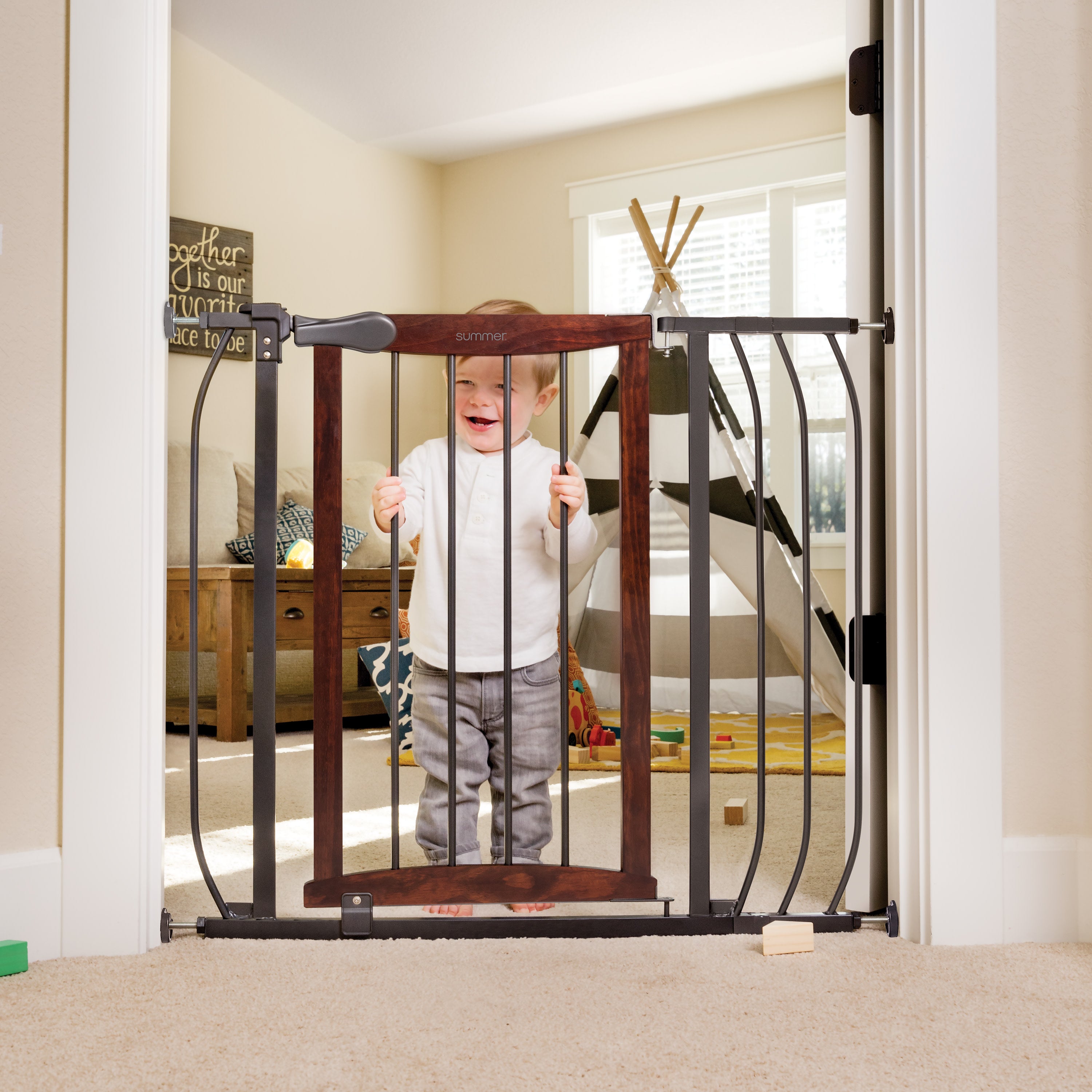 summer infant decorative wood gate Anywhere Decorative Walk-Thru Pet and Baby Gate, Openings 28 42.5- Walnut/Charcoal – Kids2, LLC