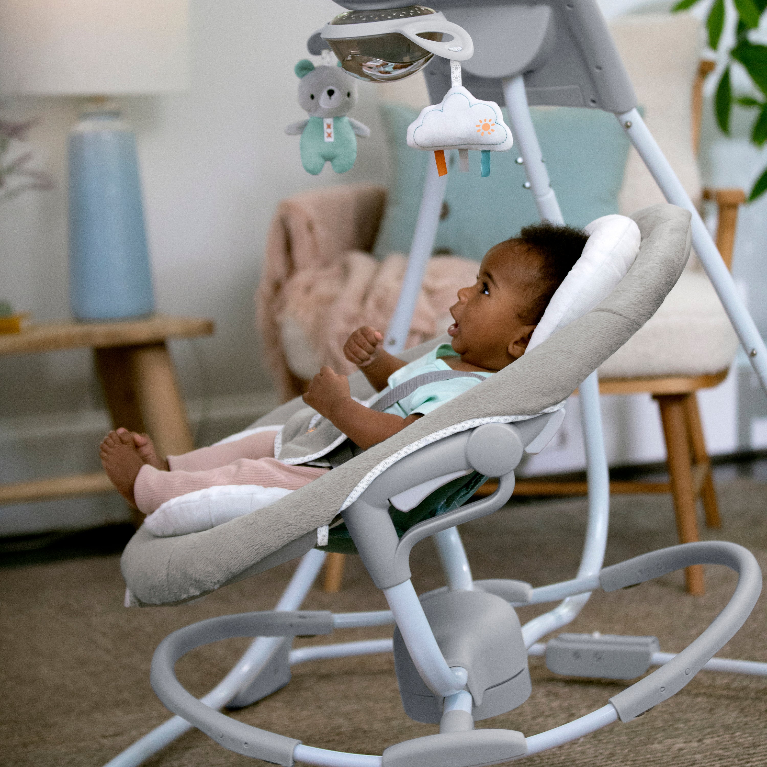 Ingenuity InLighten Motorized Vibrating Baby Swing, Swivel Infant Seat,  Gray 